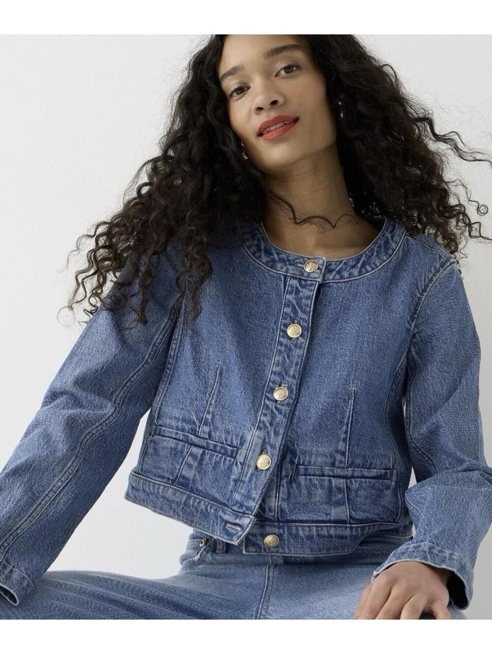 J.Crew Denim Louisa Lady Jacket Collarless Nautical Preppy Casual Size 6